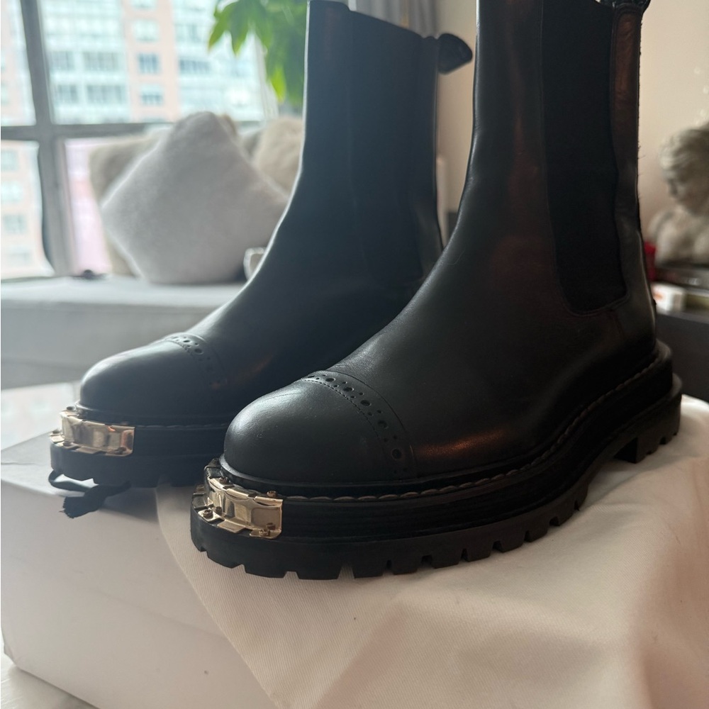 Sandro Black Leather Combat Boots with Silver Toe Hardware